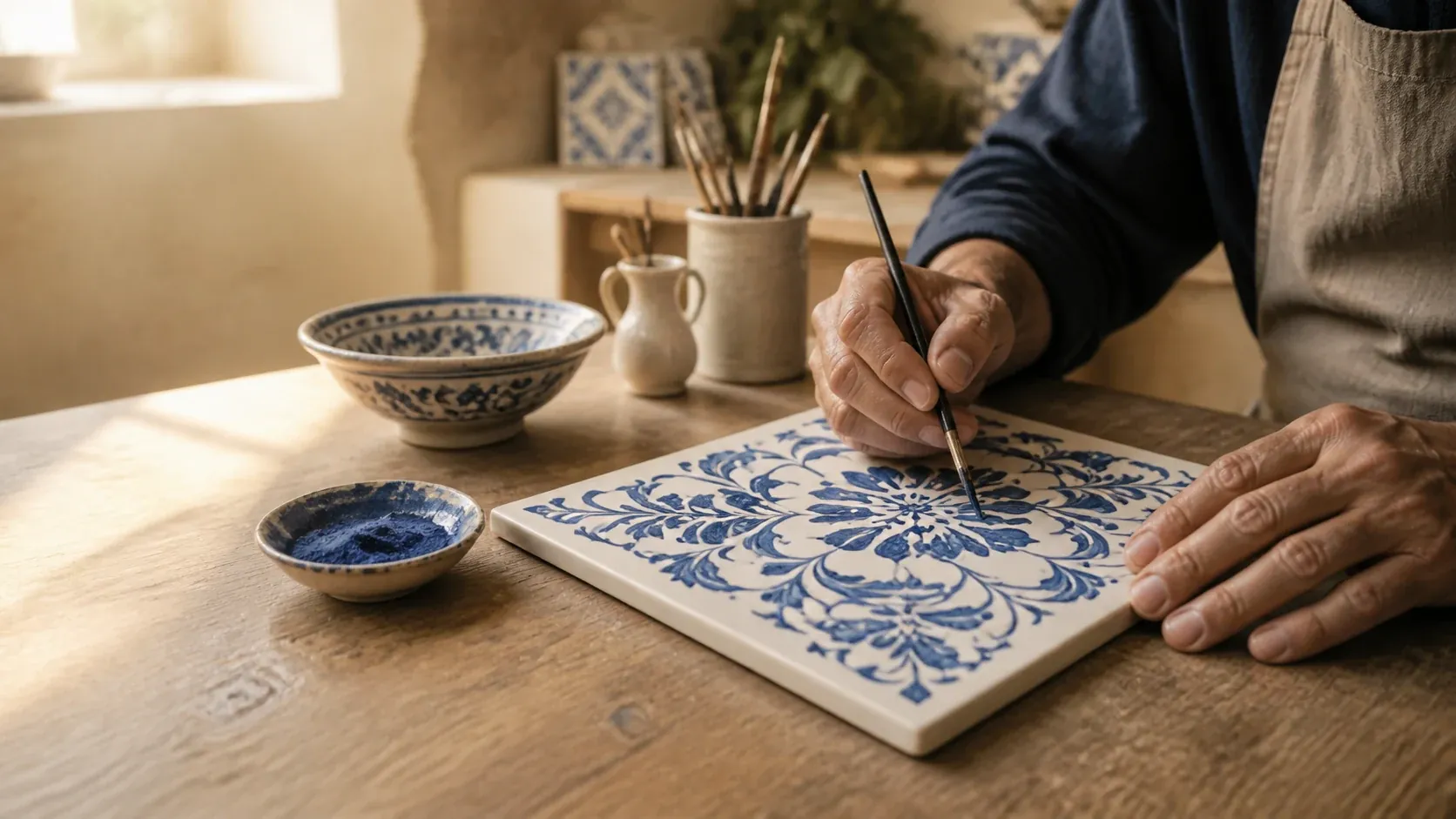 Portuguese artisan hand-painting a cobalt blue floral pattern on a glazed ceramic tile