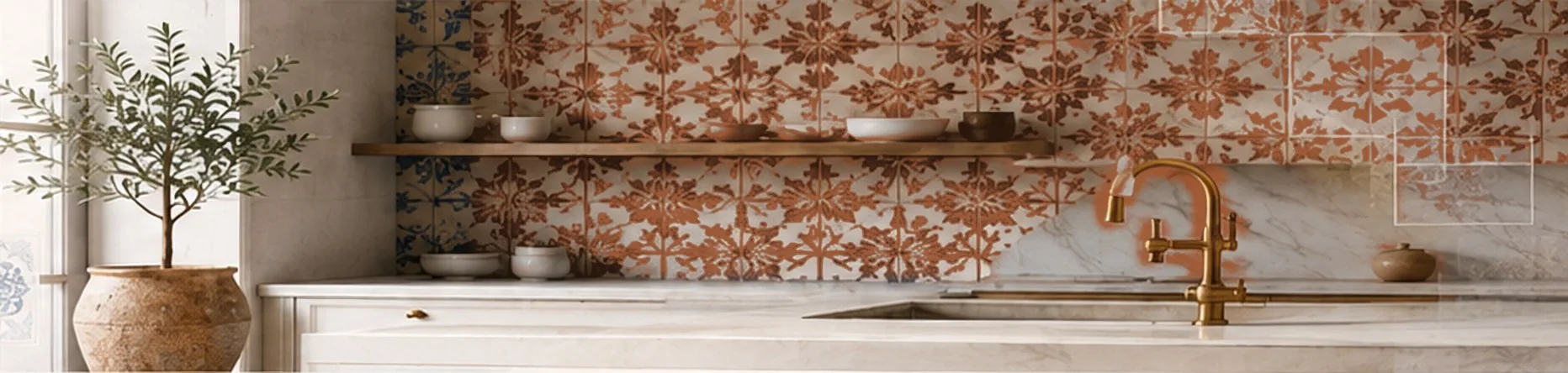 Kitchen with a terracotta hand-painted tile backsplash, open shelves and an olive tree
