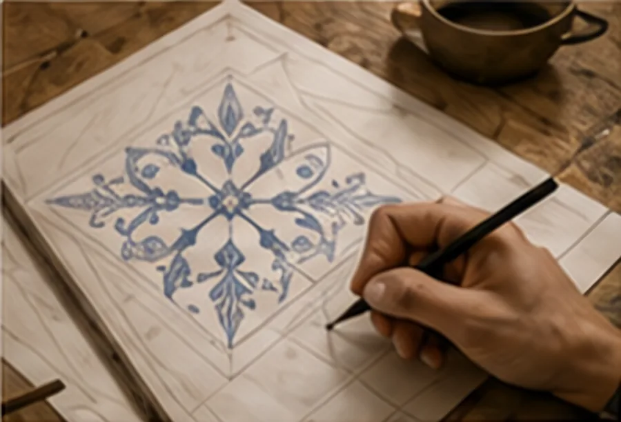 Hand sketching a symmetrical azulejo tile design in pencil