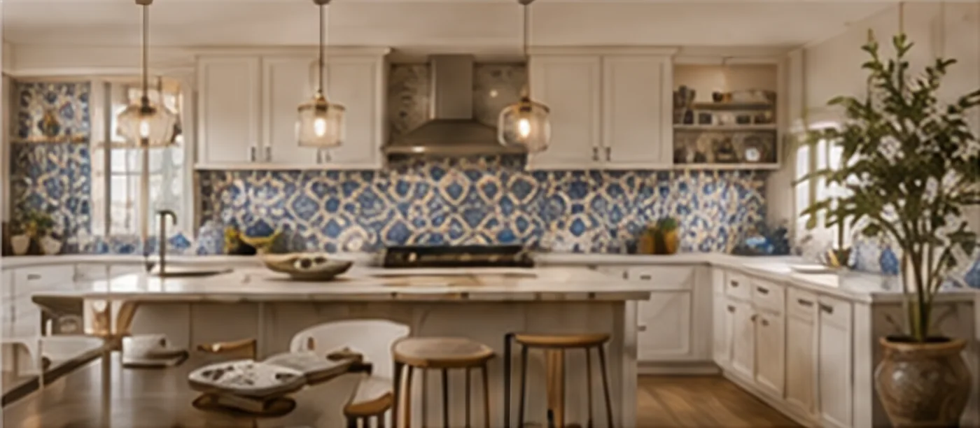 Bright kitchen with a hand-painted blue and white Portuguese tile backsplash, pendant lights and a wooden island