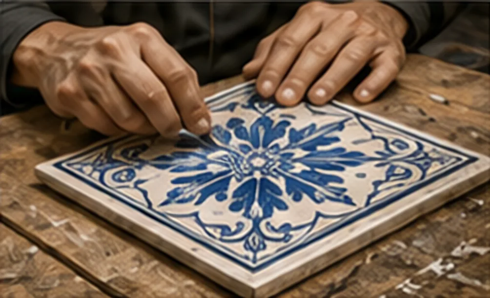 Artisan’s hands painting a cobalt blue pattern onto a Portuguese tile