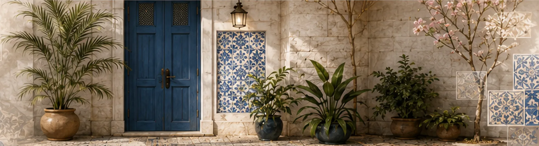 Sunlit Portuguese courtyard with a blue wooden door, a lantern, potted palms and a hand-painted azulejo tile panel