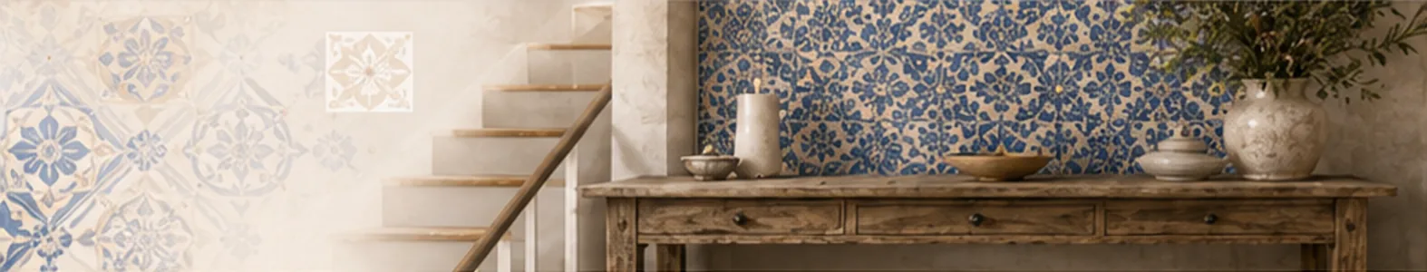 Rustic wooden console with ceramic vases in front of a wall of blue and sand hand-painted Portuguese tiles