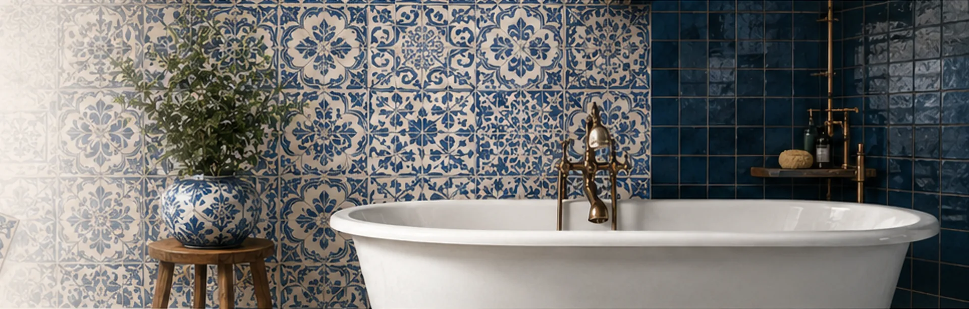 Bathroom with a blue and white Portuguese azulejo wall, deep navy glossy tiles, a freestanding tub and a potted plant on a wooden stool
