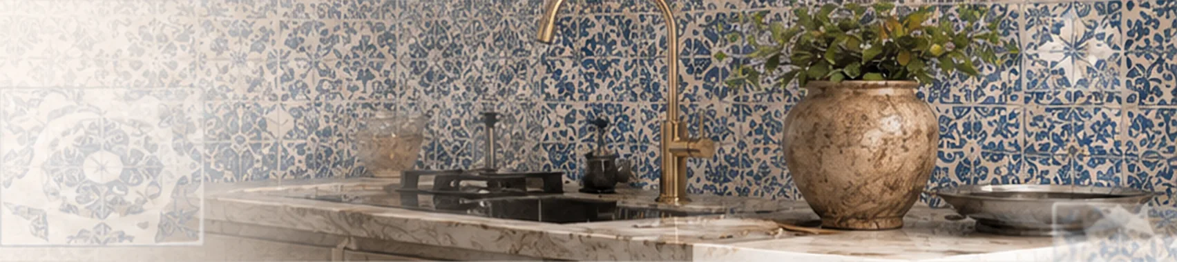 Hand-painted blue and white Portuguese tile backsplash behind a marble worktop with a brass tap and a stone vase