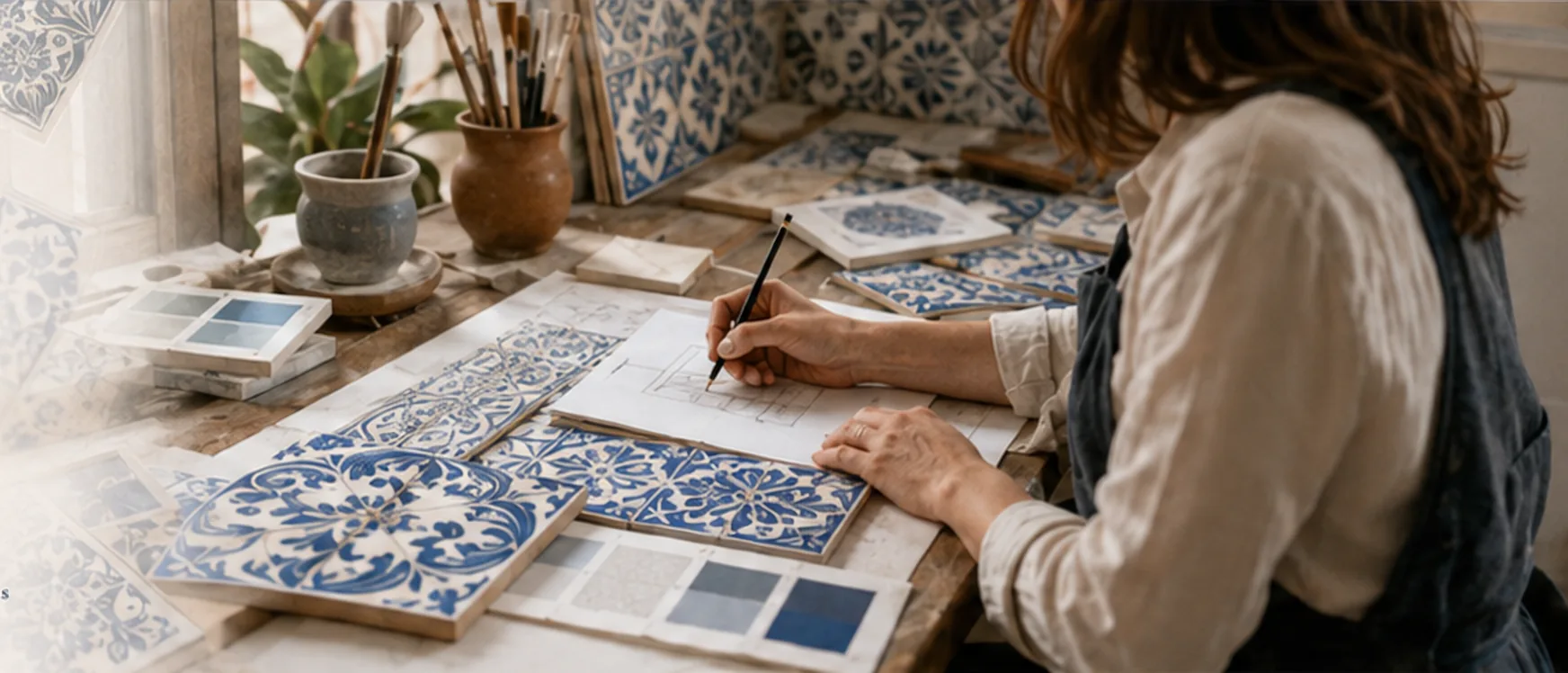 Designer sketching a custom azulejo pattern at a work table covered with hand-painted blue and white tile samples and glaze swatches