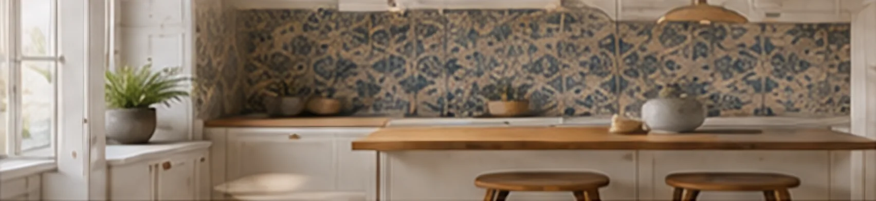 Kitchen with a blue and sand patterned Portuguese tile backsplash, oak worktop and wooden stools