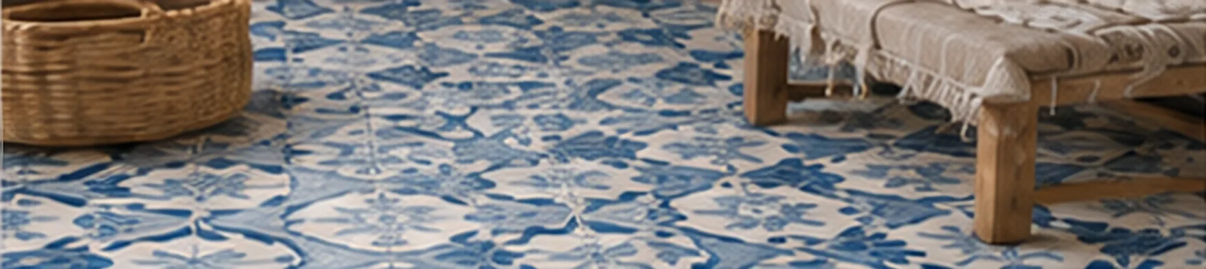Blue and ivory patterned Portuguese floor tiles with a woven basket and a timber bench