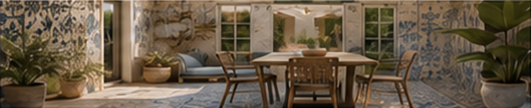 Covered terrace with patterned Portuguese tiles on the walls and floor, a timber dining table and potted plants