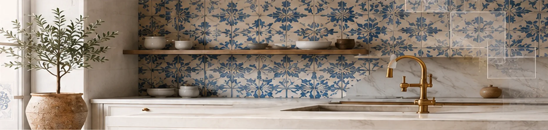 Kitchen with a hand-painted blue and ivory Portuguese tile backsplash, open oak shelf, brass tap and a potted olive tree