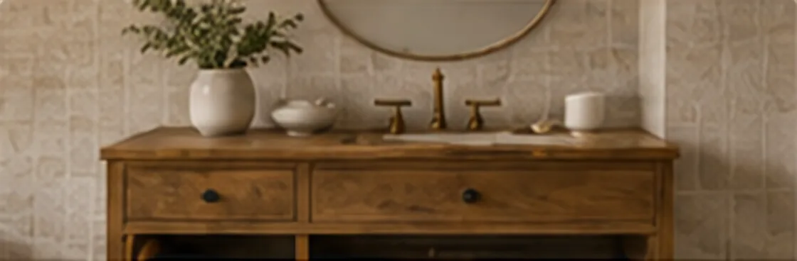 Wooden bathroom vanity with brass taps in front of a wall of neutral handmade tiles