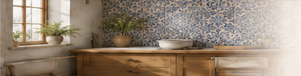 Rustic bathroom with a wooden vanity, basin and window, set against a wall of blue and cream hand-painted Portuguese tiles
