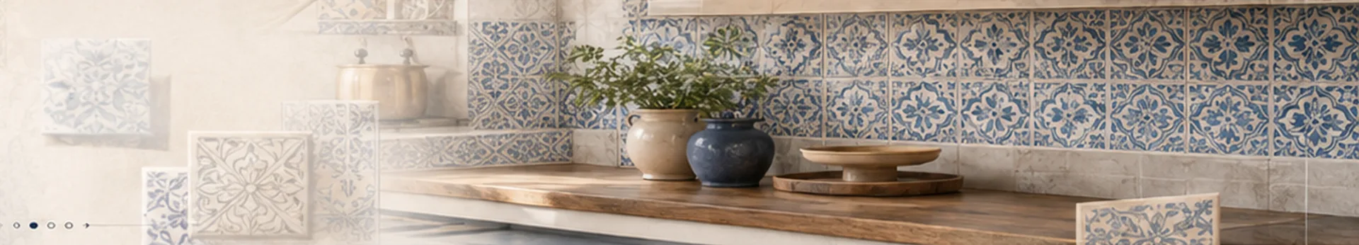 Kitchen shelf in front of a wall of blue and white hand-painted Portuguese tiles, with ceramic vases and a wooden serving board