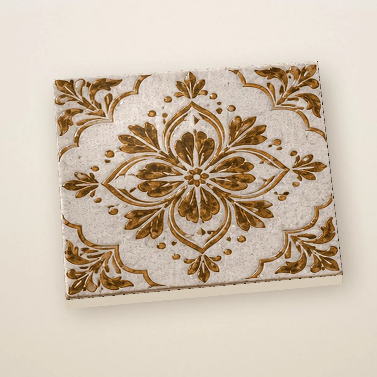 Graça Ochre hand-painted tile, angled view