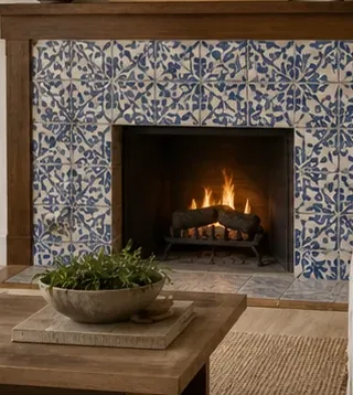 Fireplace surround clad in hand-painted azulejo tiles