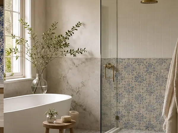 Bright bathroom with a freestanding bath and Portuguese tiles in the shower and on the floor