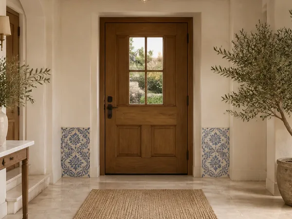 Bright entrance hall with a wooden door, olive tree and blue azulejo accents