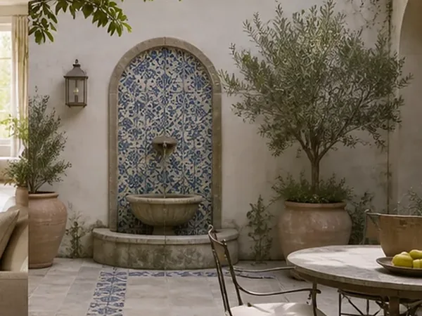 Sunny courtyard with a tiled fountain niche and a patterned Portuguese tile border
