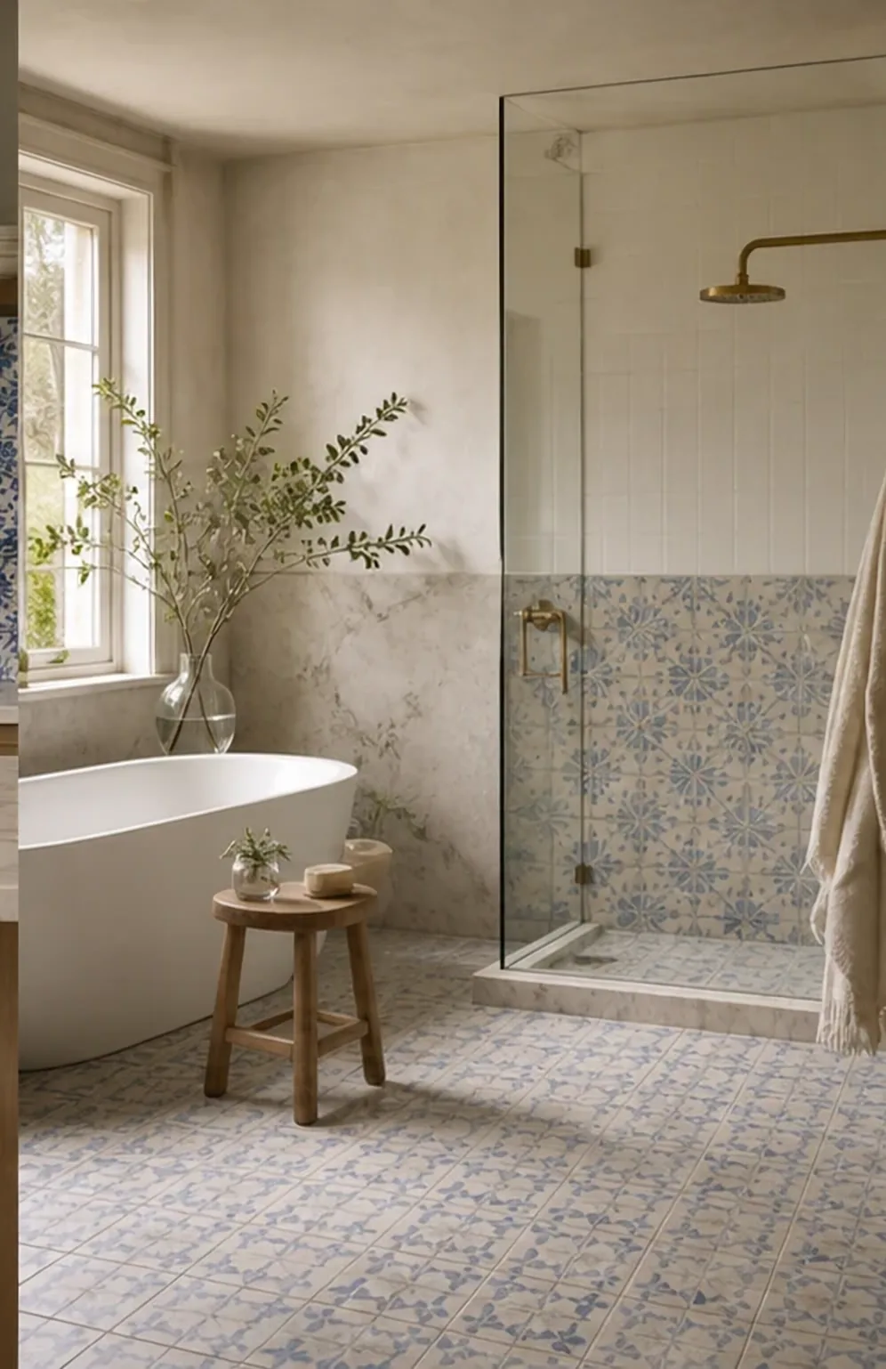 Bathroom with a freestanding tub and a blue Portuguese tiled shower and floor