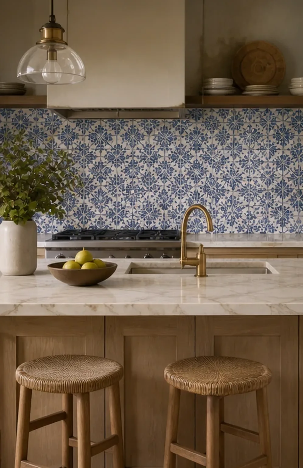 Kitchen with a hand-painted blue and white Portuguese tile backsplash, a brass tap, a marble worktop and a bowl of pears