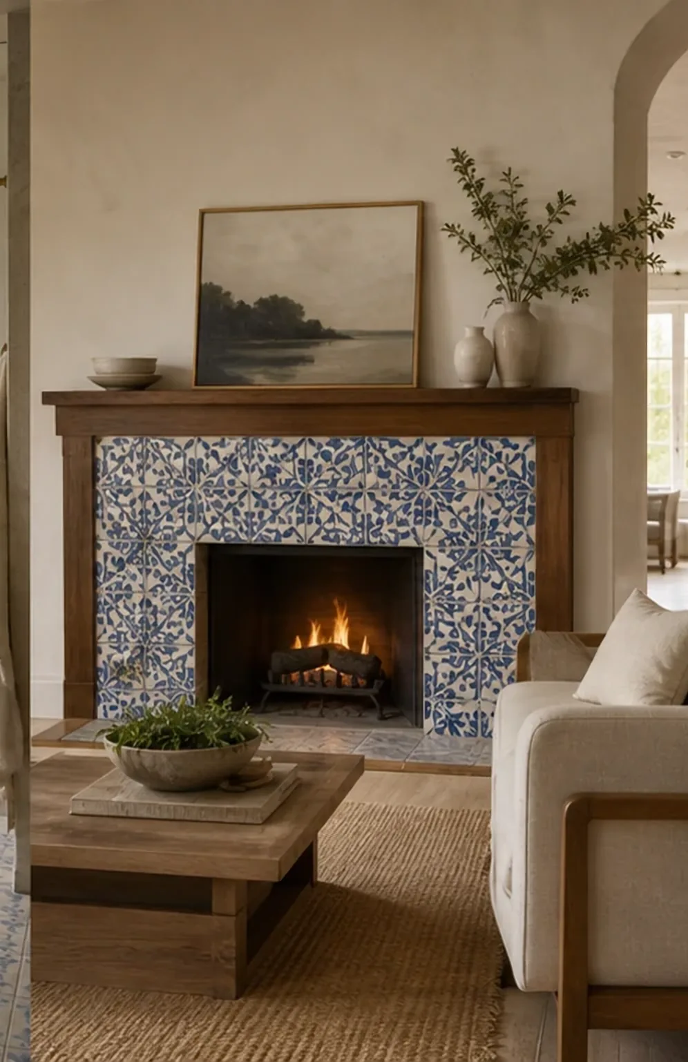 Living room fireplace surround clad in hand-painted blue and white Portuguese tiles