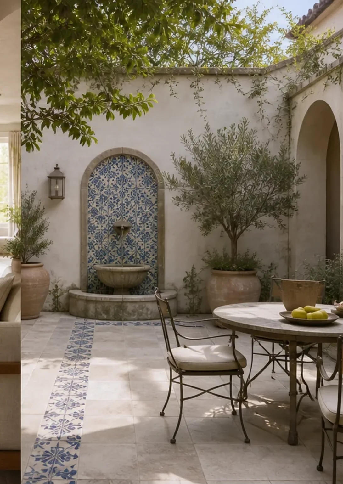 Sunny courtyard with a fountain niche lined with hand-painted Portuguese tiles, olive trees and terracotta pots